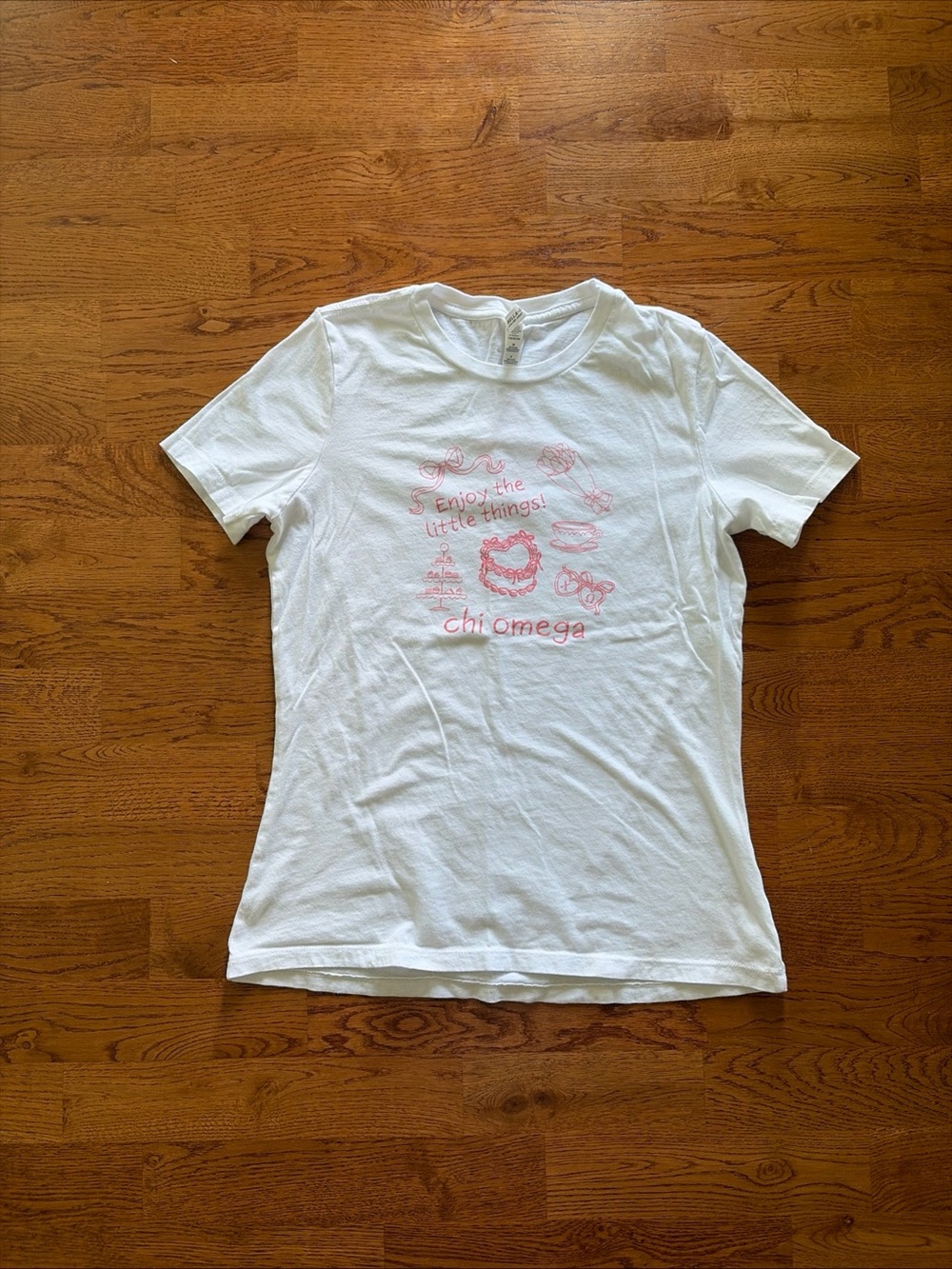 Chi Omega XO T Shirt Top Short Sleeve Women Tee White Pink S Crew Graphic Little